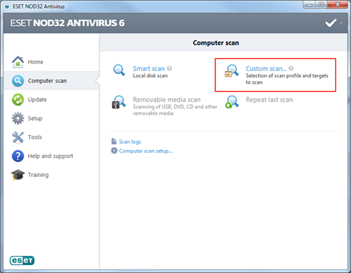 ESET computer scan menu, custom scan